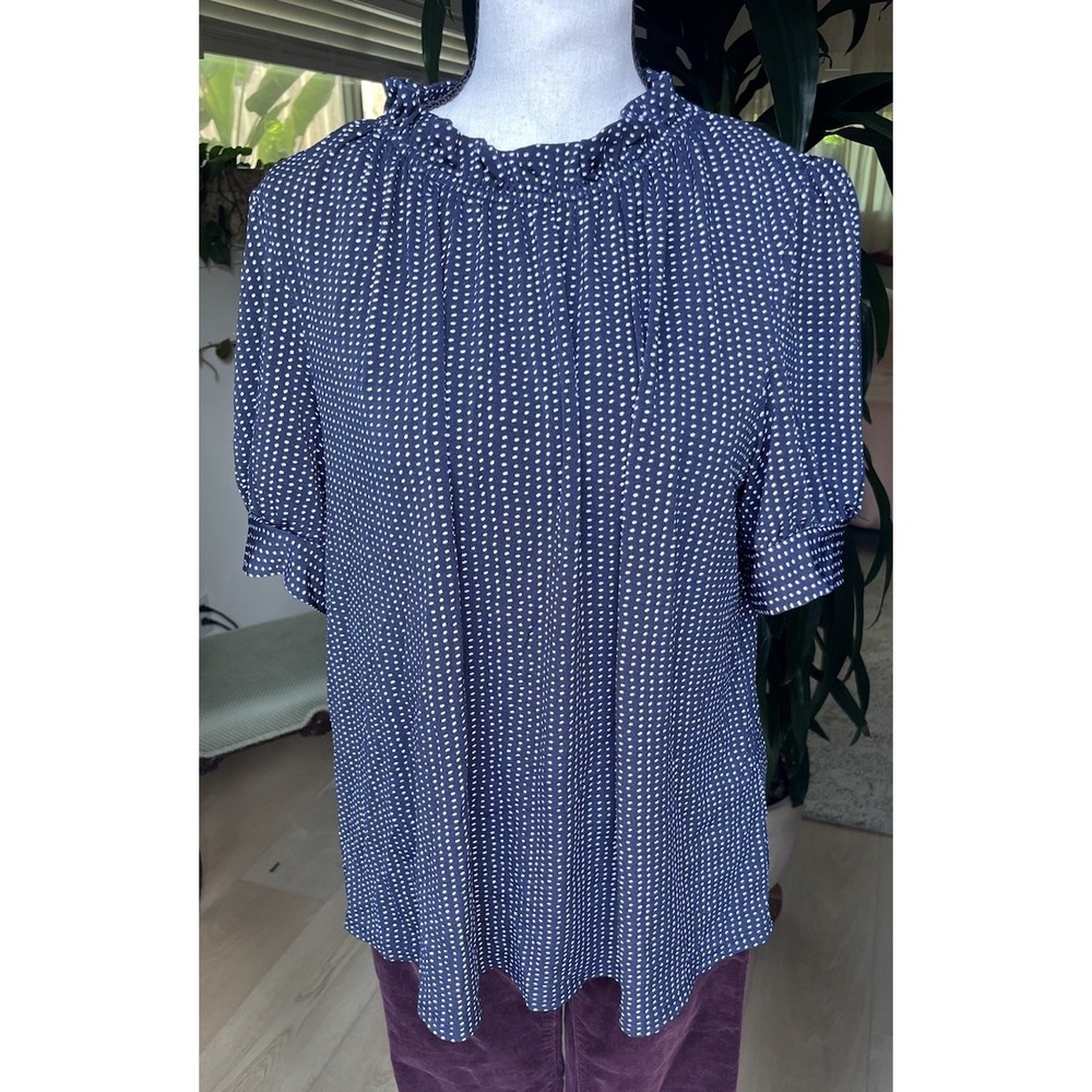 Adrianna Papell Blue Top Sz Lg Polka Dot Ruffle Short Sleeve Women Relaxed Fit